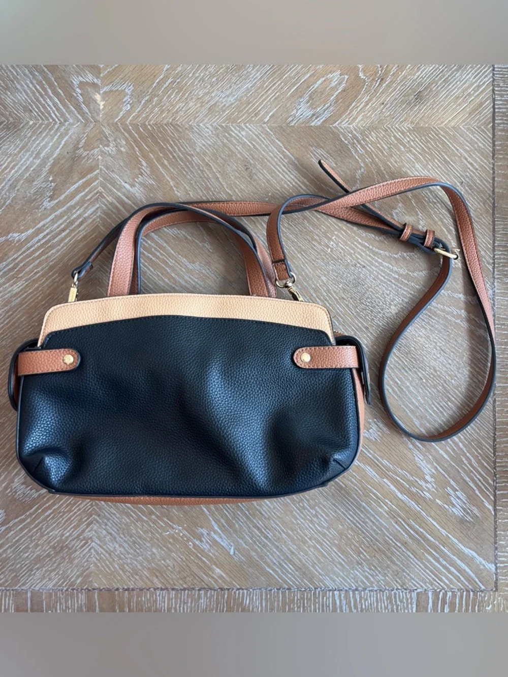 Nanette Lepore Black and Tan Pebbled Leather Crossbody Satchel